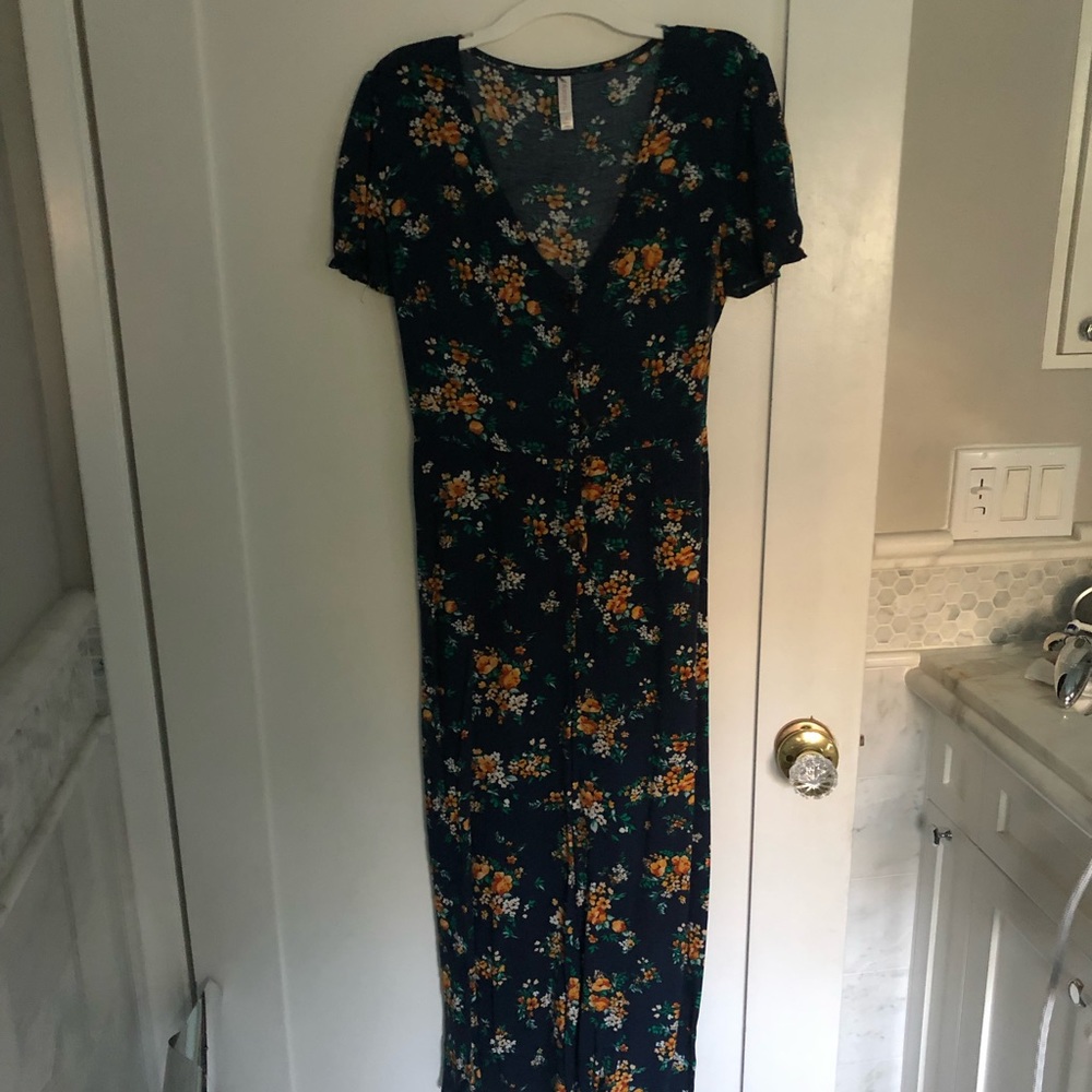 Floral jumpsuit overall romper jumper navy blue buttons wide leg fall fashion